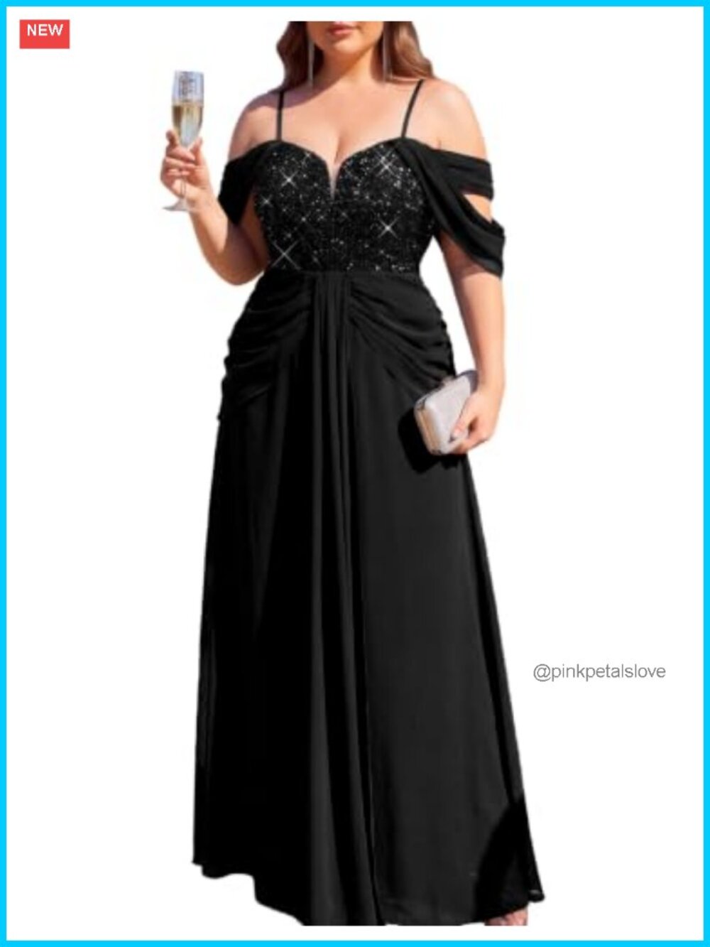 Plus Size Sequin Chiffon V-Neck Cold Shoulder Formal Evening Gown